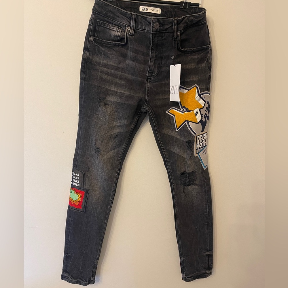Zara Men Skinny Fit Jeans Black Ripped with Patches Size 30